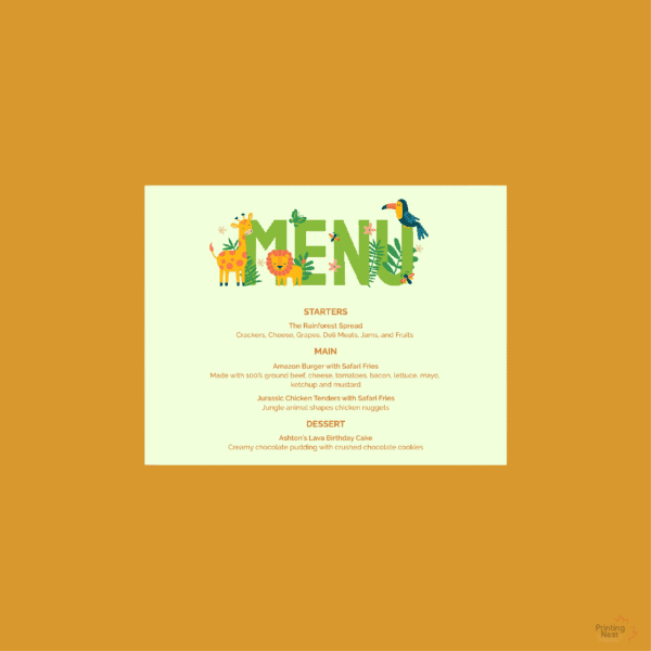 Custom Printed Kids Birthday Menu Cards Printing Nest